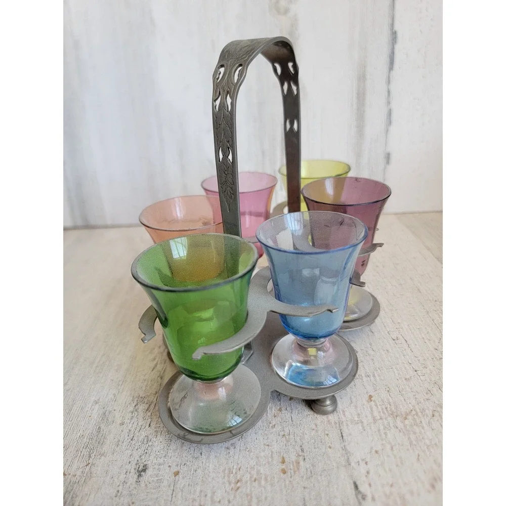 Vintage rainbow Farber ware art deco shot tray metal multi color set home